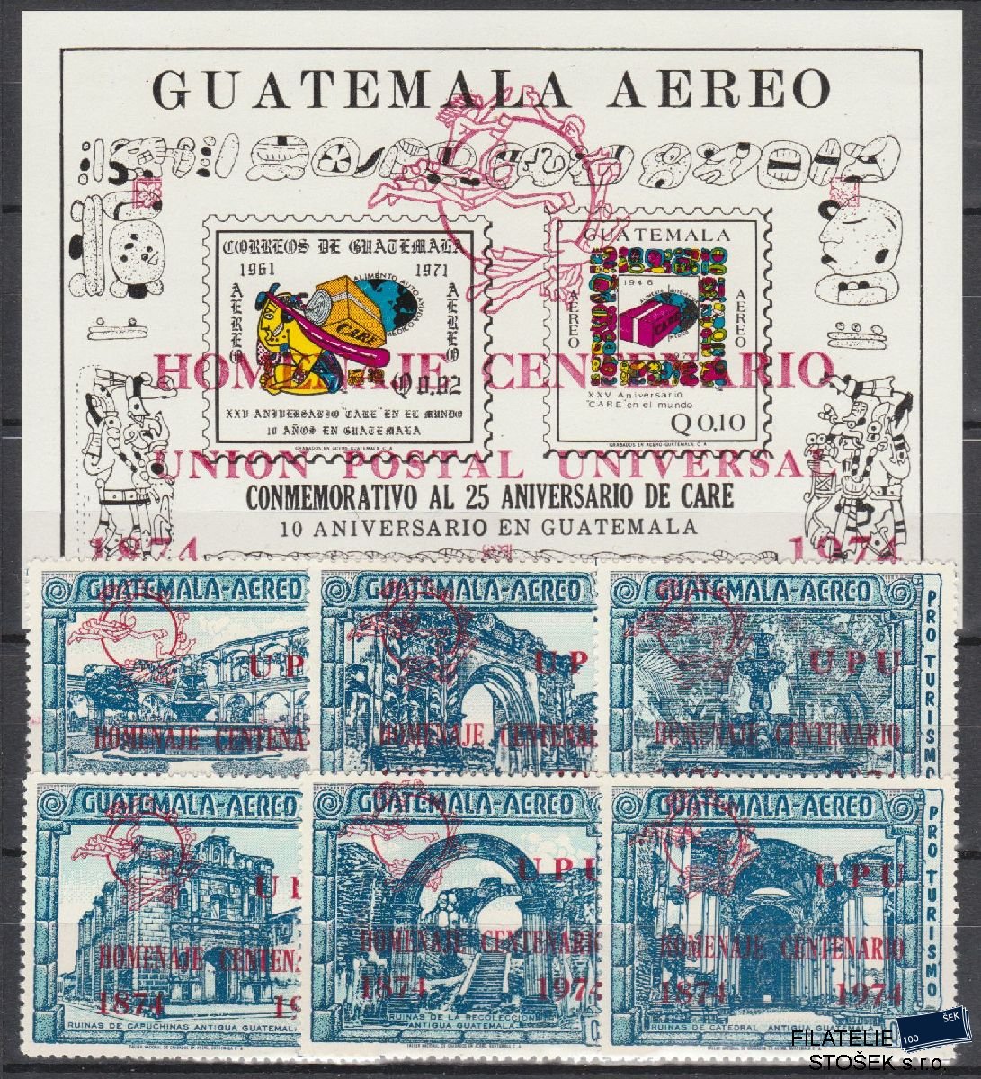 Guatemala známky Mi 979-84 + Bl 16b - Červený přetisk