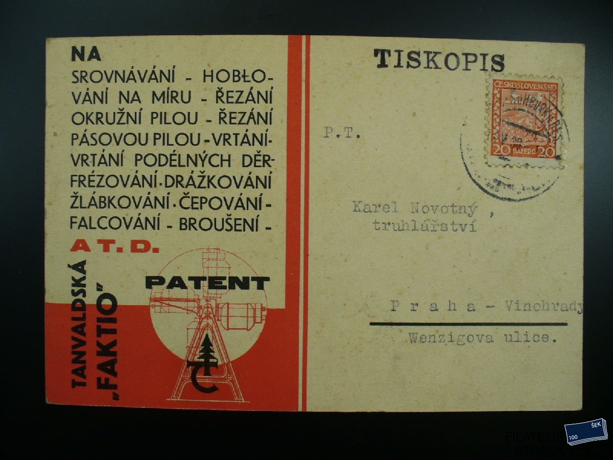 ČSR I celistvost 250 Šumburk n. Des. - Praha - Tiskopis - Reklamní lístek