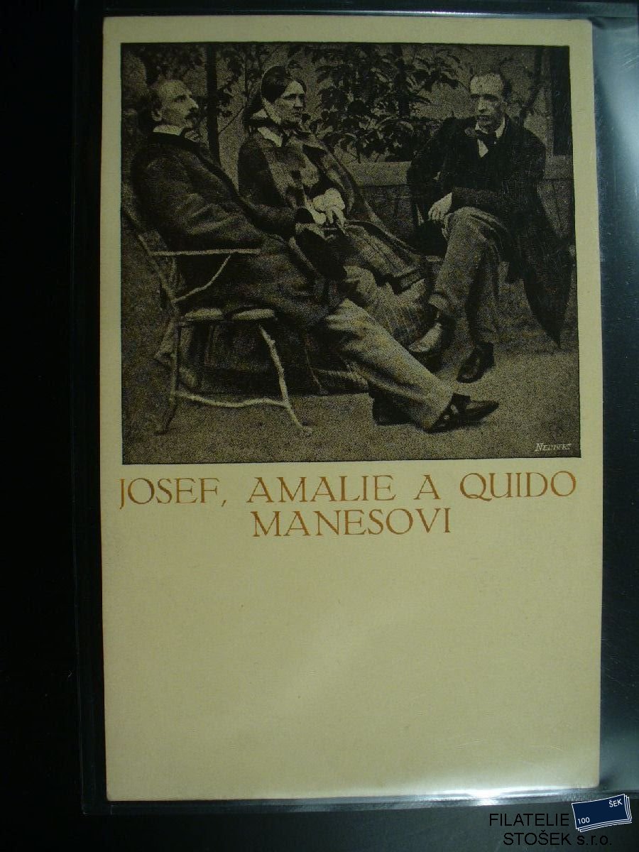 Námětová pohlednice - Osobnosti - Josef, Quido a Amálie Mánesovi