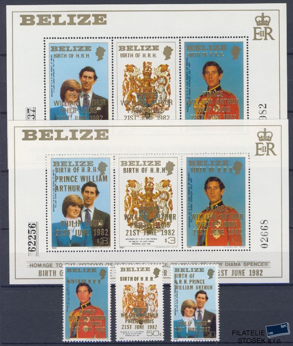 Belize známky Mi 679-81 + Bl 54 I+II - Diana